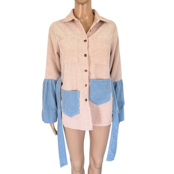 Upcycled Corduroy Shirt Shacket Colorblock Cottagecore Soft Neutral Fall Jacket - Picture 2 of 7